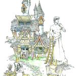 Cariarchitecture (a word combination of caricature and architecture). These are whimsical cartoon drawings of Renaissance festival buildings. They are the creation of Minneapolis artist Steven Paul Carlson. This one is “School of Art.”
