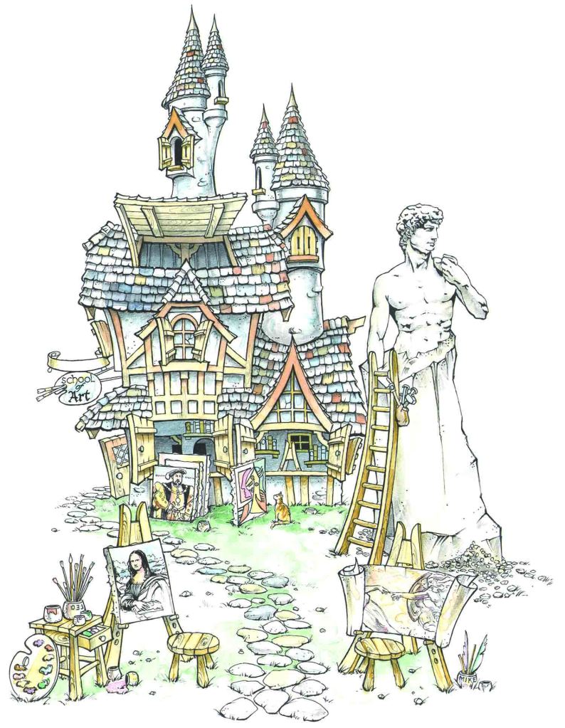 Cariarchitecture (a word combination of caricature and architecture). These are whimsical cartoon drawings of Renaissance festival buildings. They are the creation of Minneapolis artist Steven Paul Carlson. This one is “School of Art.”